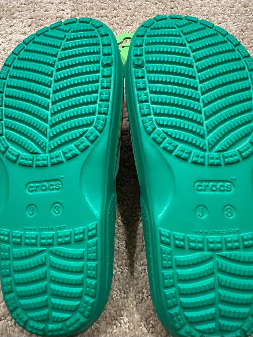 CROCS Teal Slide Sandals with Rainbow Straps and Red Mushroom Charms - Picture 4 of 6